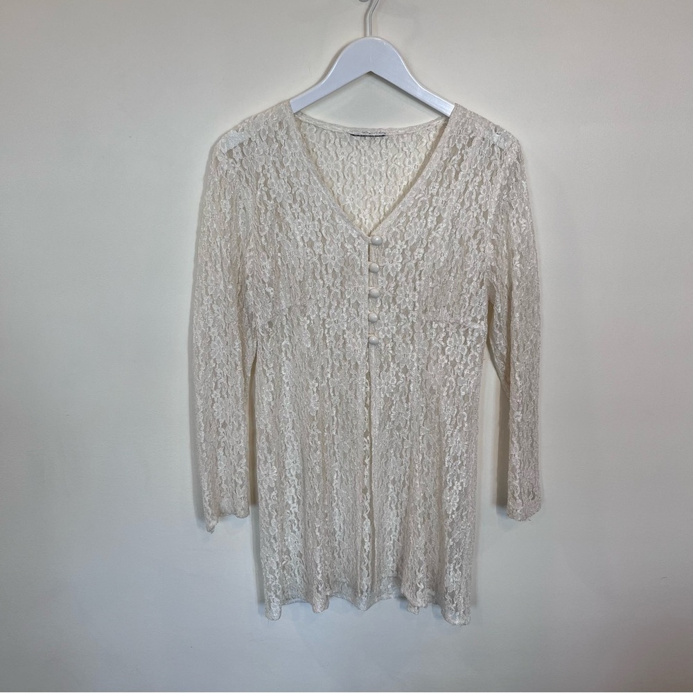Sheer Floral Lace Garment Vintage 90s 3/4 Sleeve Ivory Romantic Stretch Babydoll - Picture 1 of 4